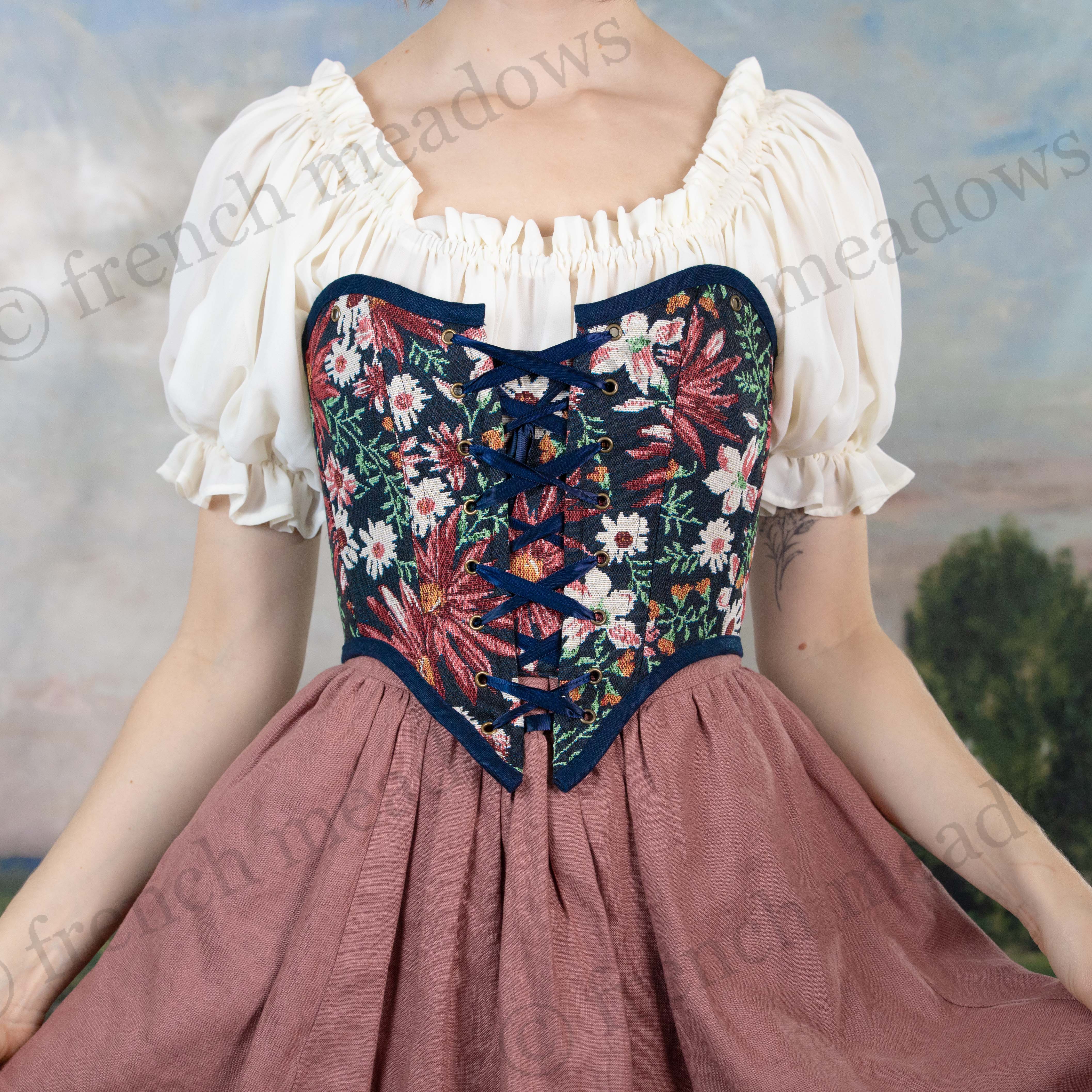 Dark Blue Floral Tapestry Corset - Image 10