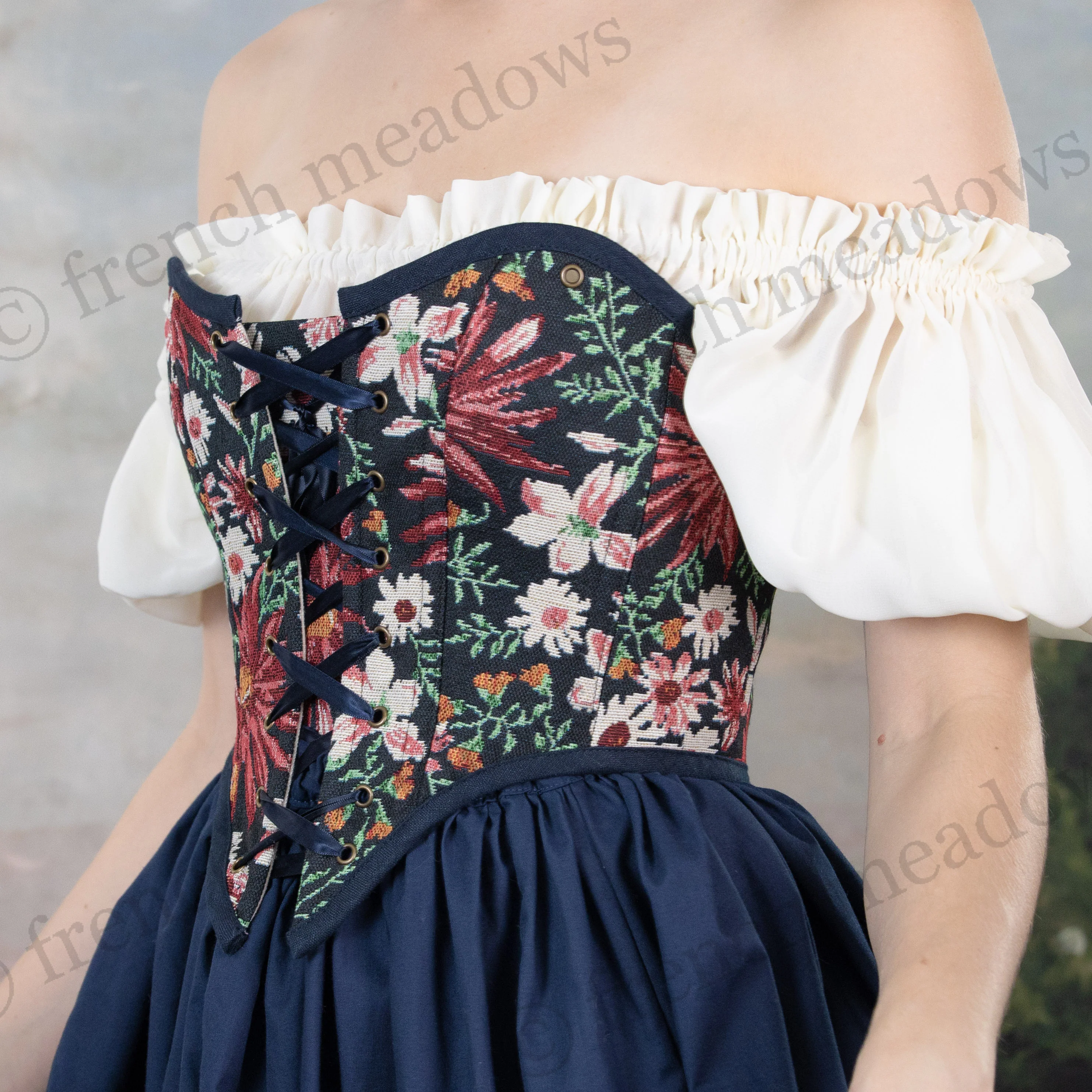 Dark Blue Floral Tapestry Corset - Image 11
