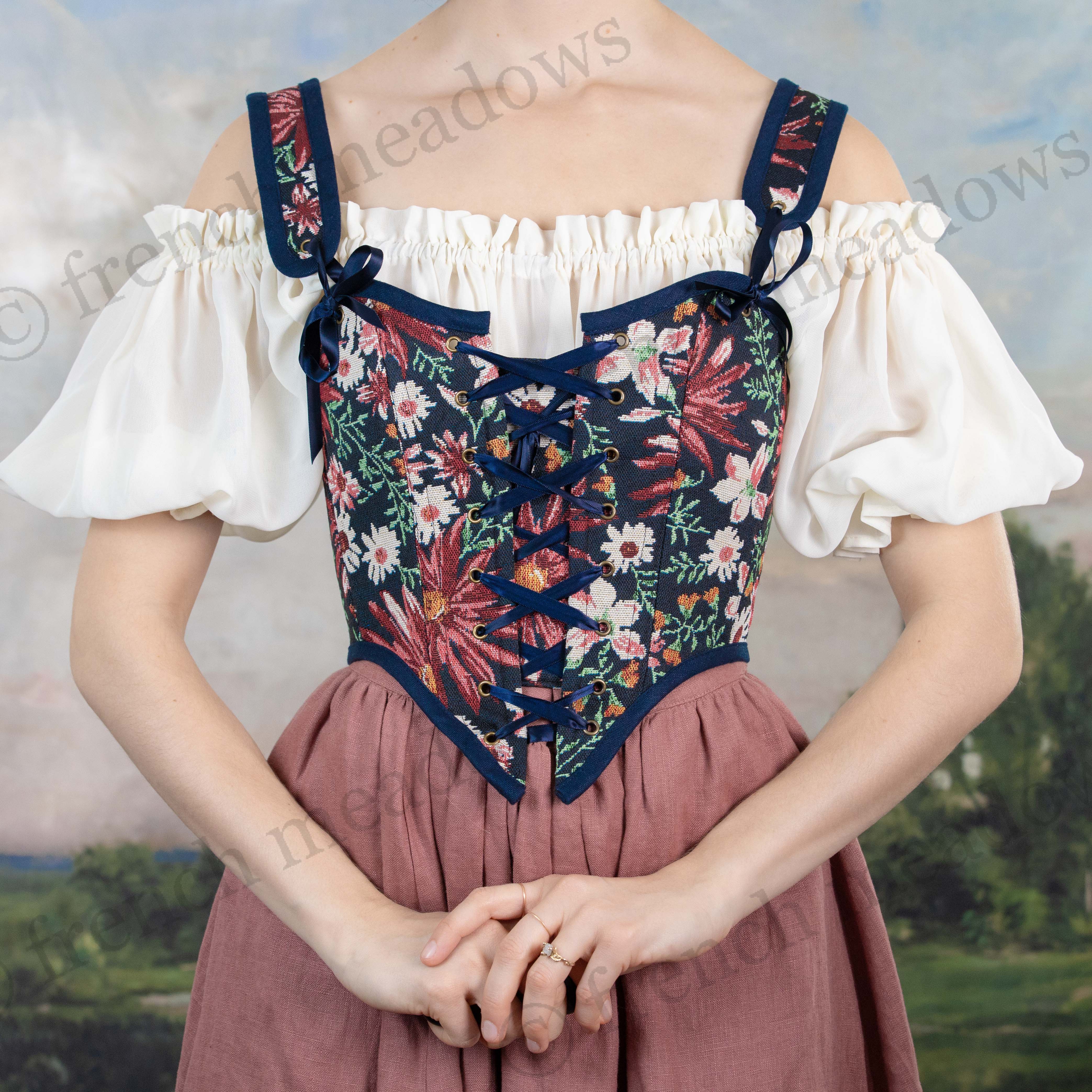 Dark Blue Floral Tapestry Corset - Image 5