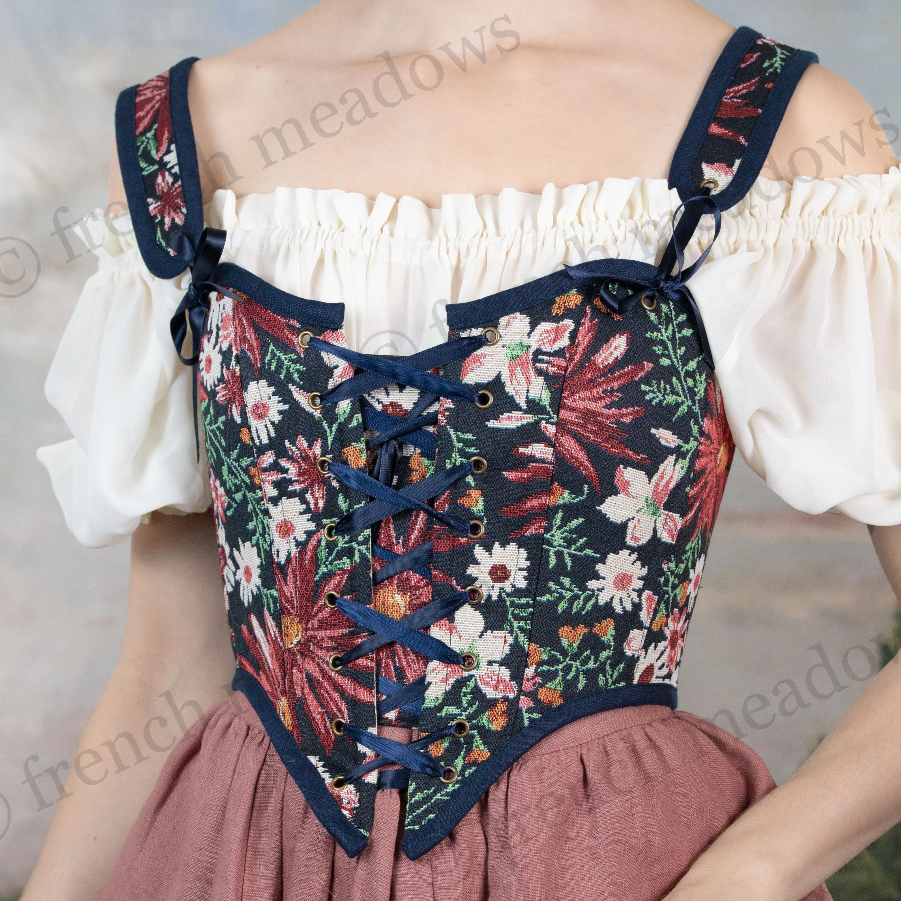 Dark Blue Floral Tapestry Corset - Image 7