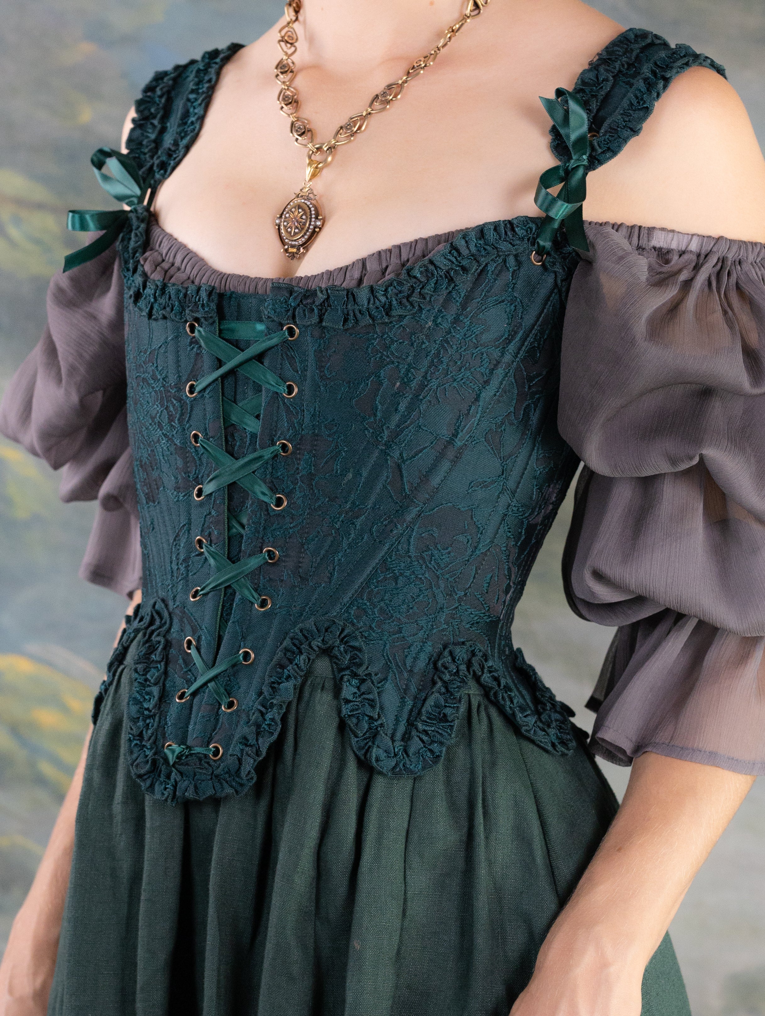 Dark Green Floral Jacquard 18th Century Stays - Image 3