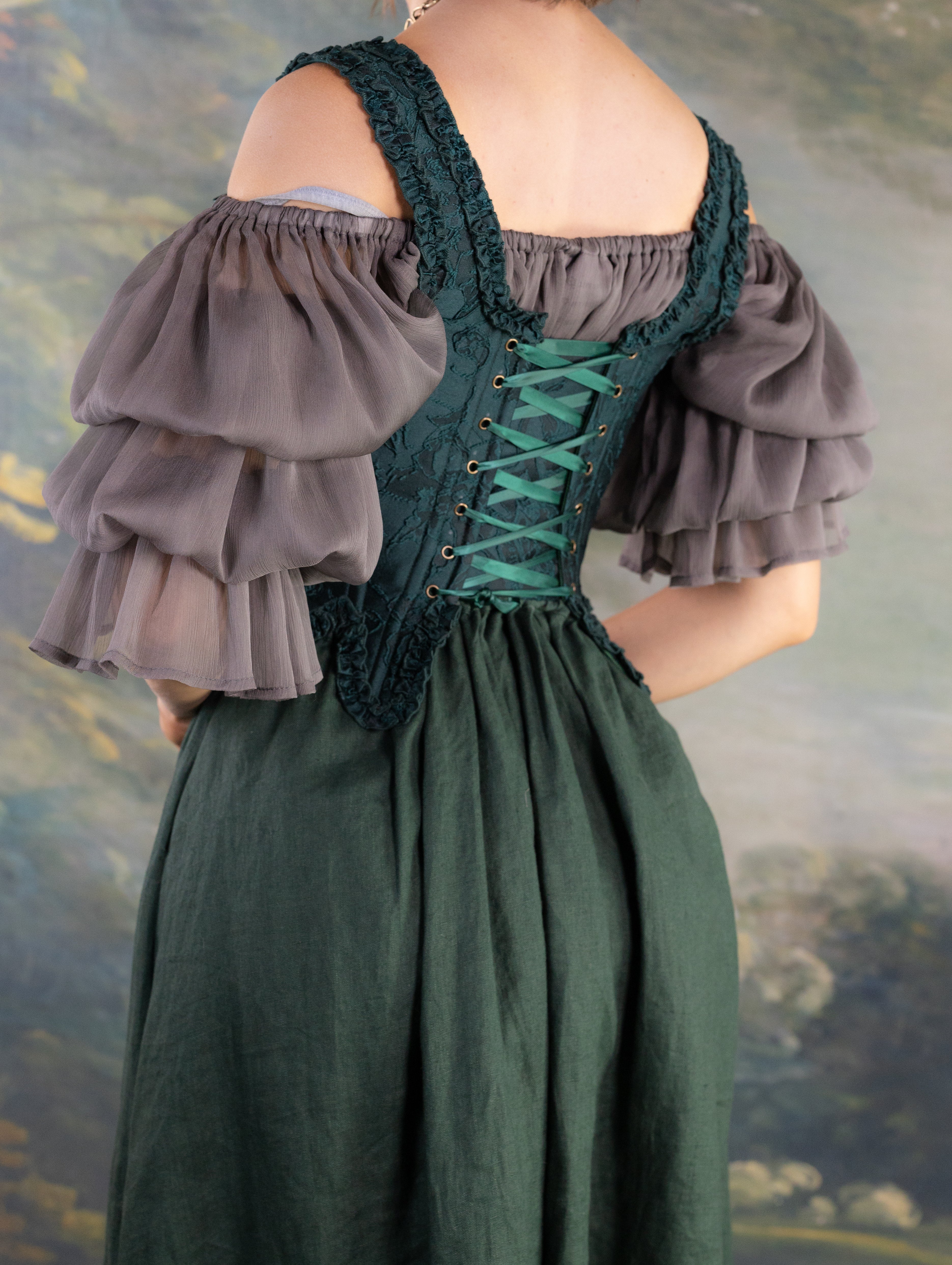 Dark Green Floral Jacquard 18th Century Stays - Image 5