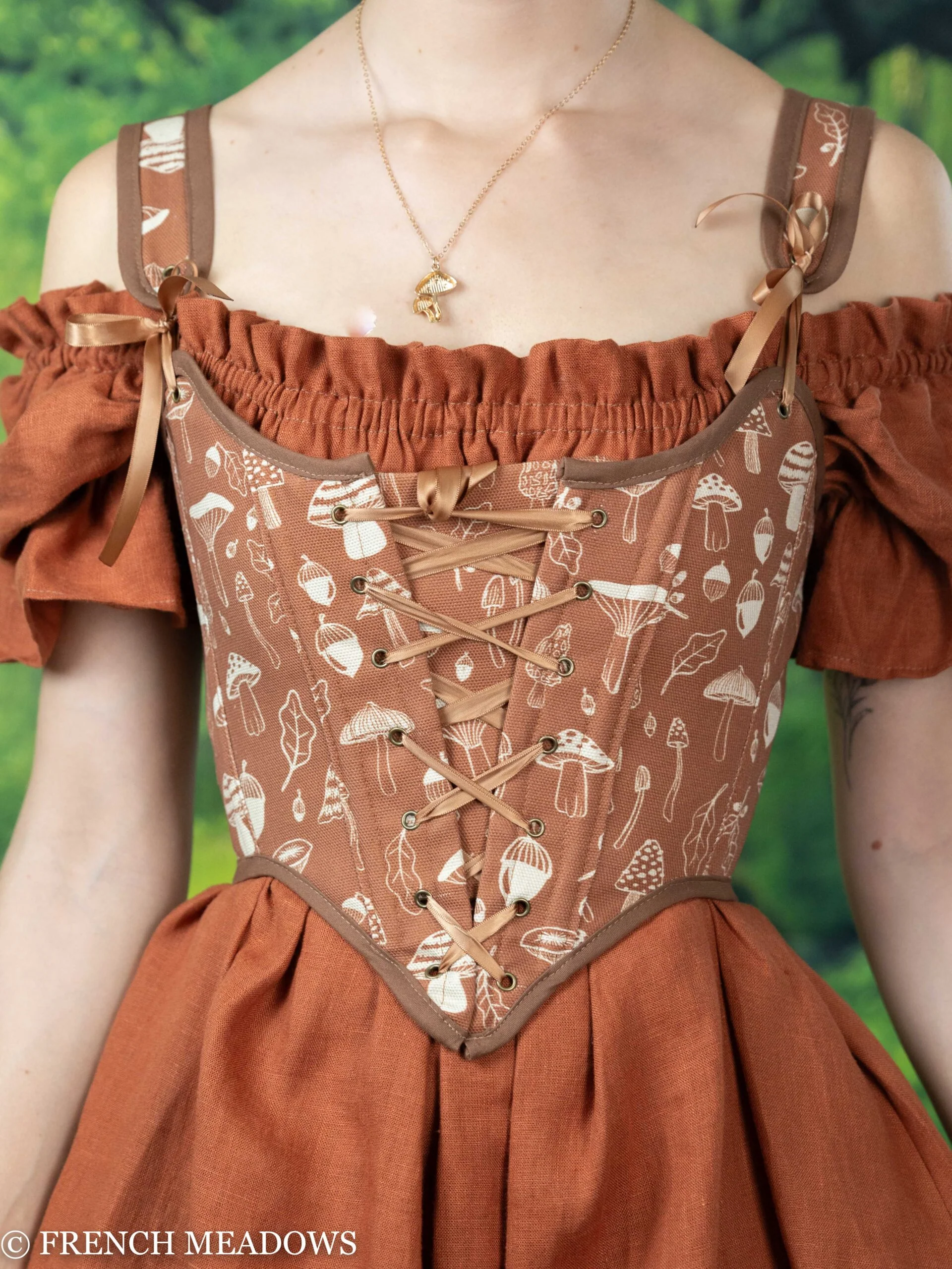 Handmade Mushroom Forager Orange Cotton Renaissance Bodice - Image 3