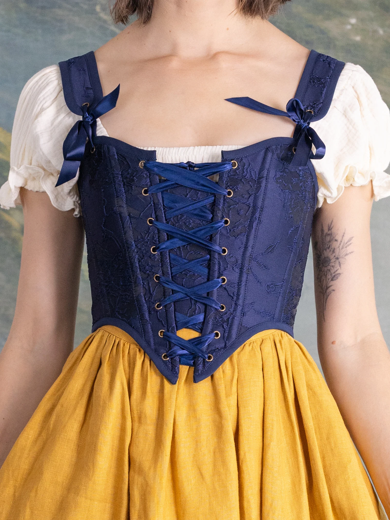 Dark Blue Floral Jacquard Corset - Image 8