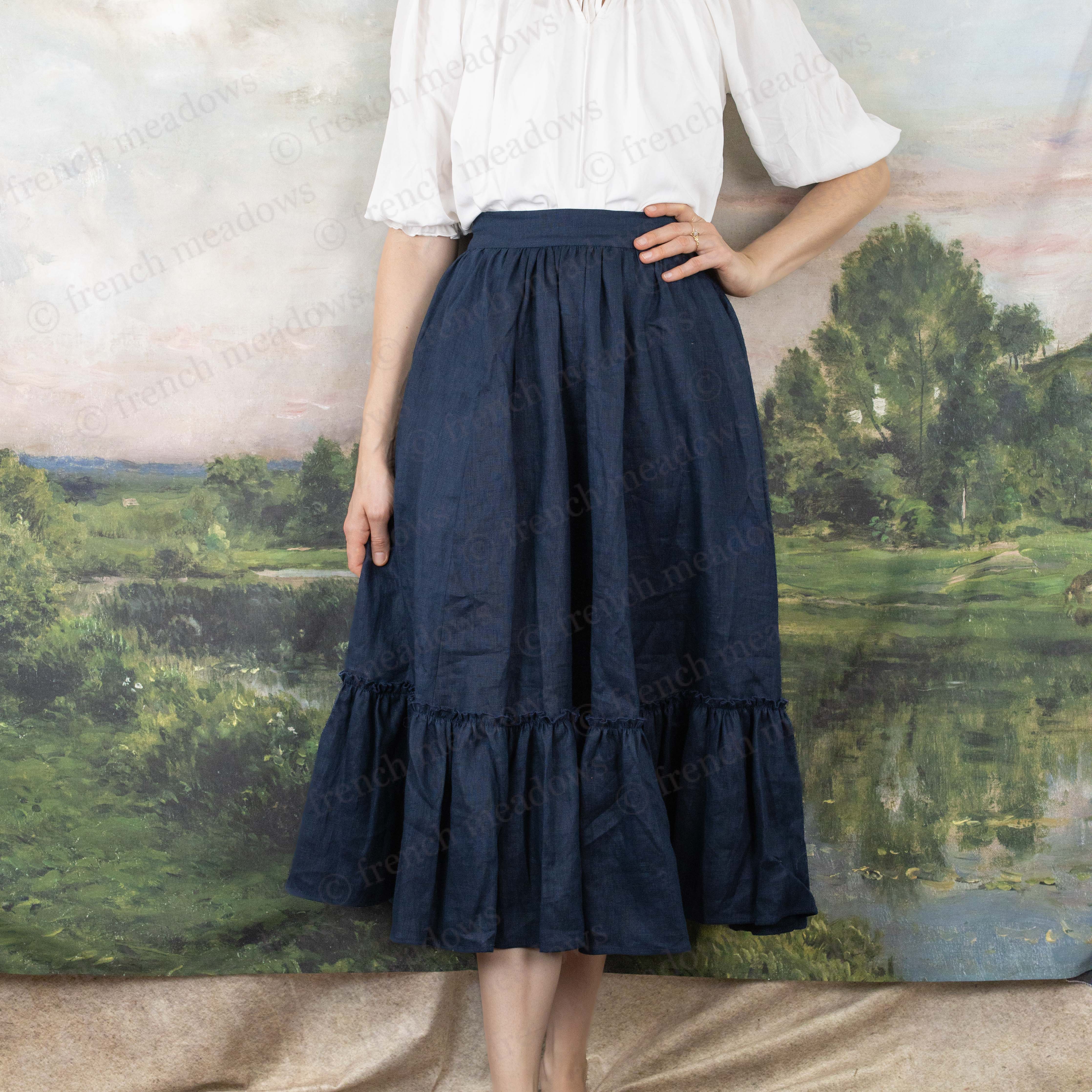Navy Blue Linen Midi Skirt - Image 4